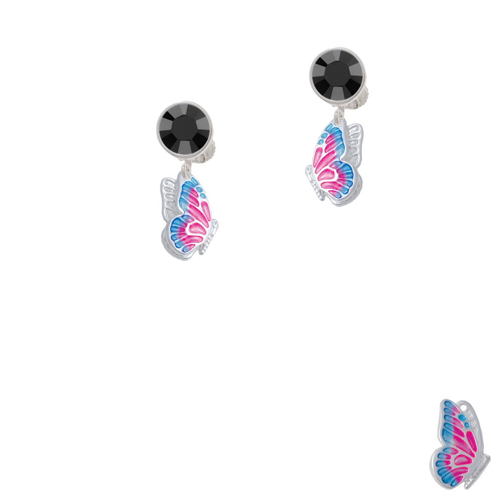 Translucent Hot Pink and Blue Flying Butterfly Crystal Clip On Earrings Image 3