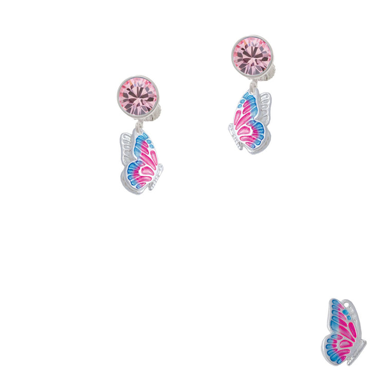 Translucent Hot Pink and Blue Flying Butterfly Crystal Clip On Earrings Image 4