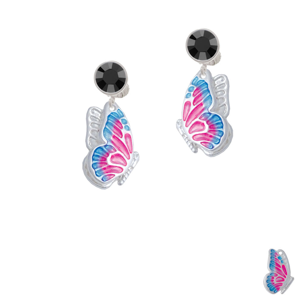 Large Translucent Hot Pink and Blue Flying Butterfly Crystal Clip On Earrings Image 3