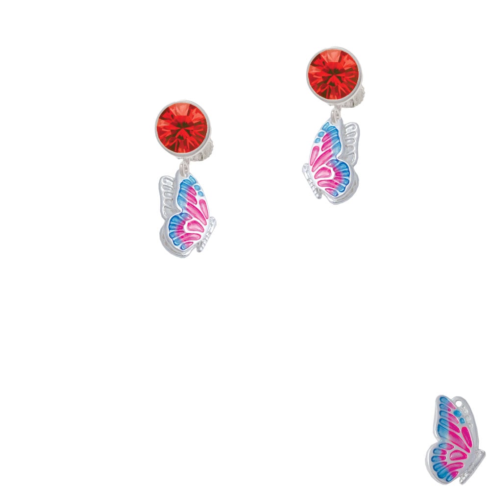 Translucent Hot Pink and Blue Flying Butterfly Crystal Clip On Earrings Image 1