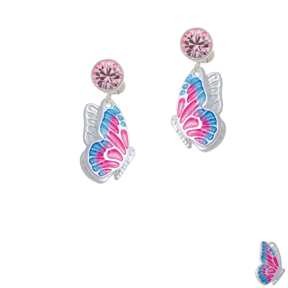 Large Translucent Hot Pink and Blue Flying Butterfly Crystal Clip On Earrings Image 4