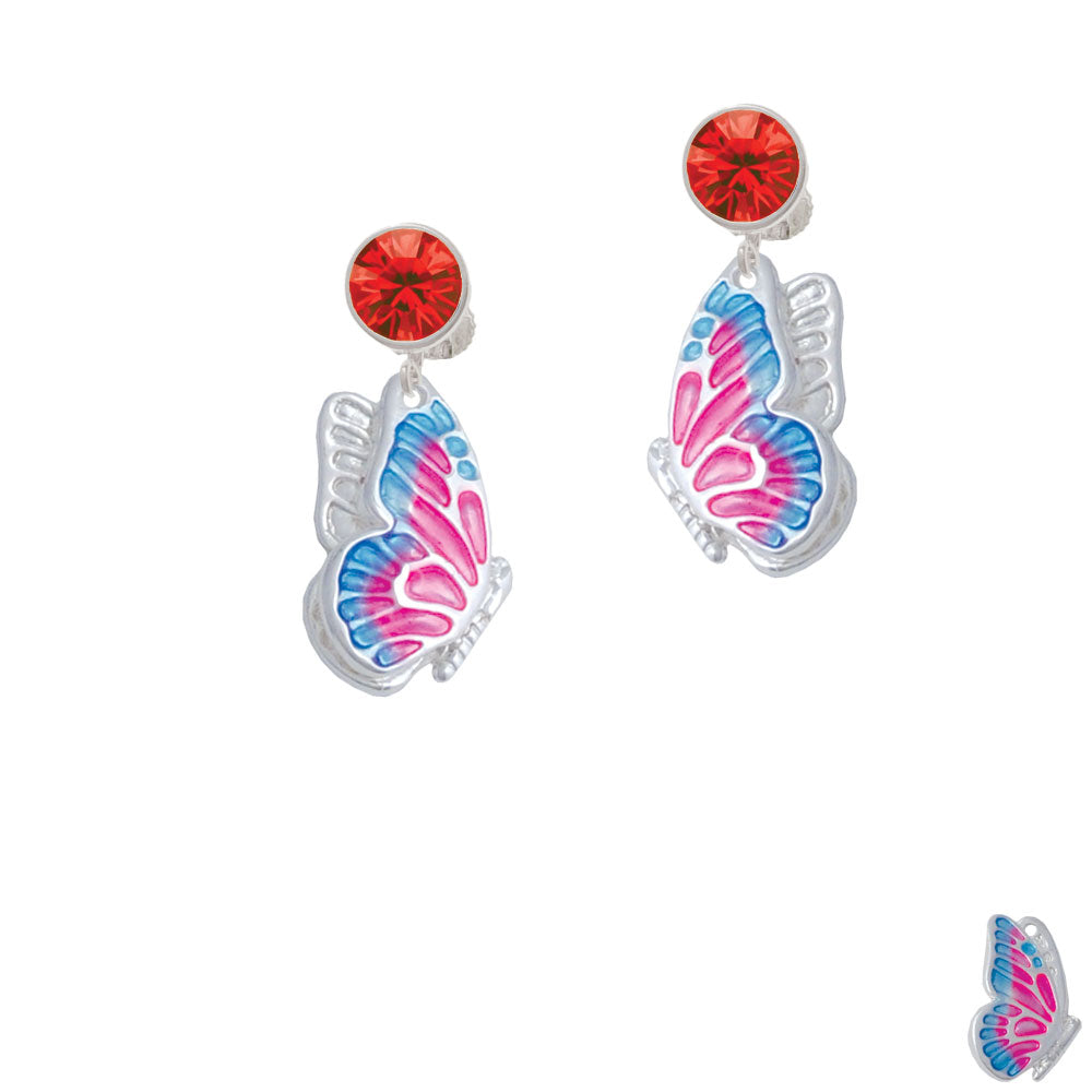 Large Translucent Hot Pink and Blue Flying Butterfly Crystal Clip On Earrings Image 4