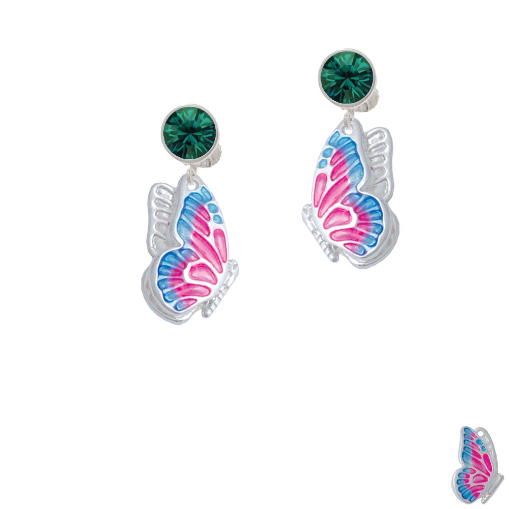 Large Translucent Hot Pink and Blue Flying Butterfly Crystal Clip On Earrings Image 6