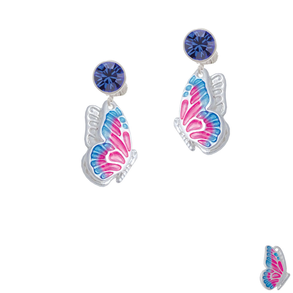 Large Translucent Hot Pink and Blue Flying Butterfly Crystal Clip On Earrings Image 7