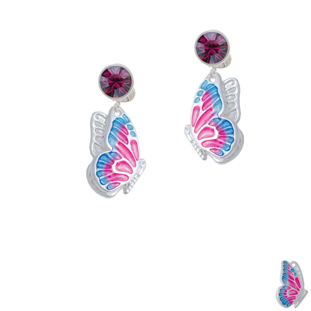 Large Translucent Hot Pink and Blue Flying Butterfly Crystal Clip On Earrings Image 8