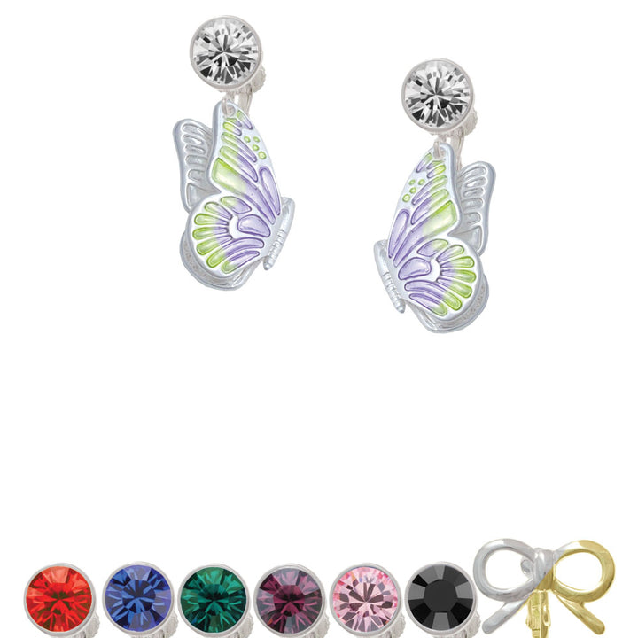 Large Translucent Purple and Lime Green Flying Butterfly Crystal Clip On Earrings Image 1