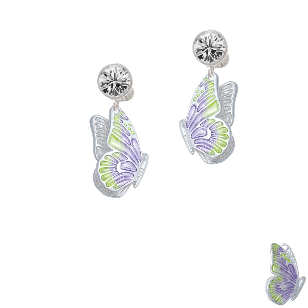 Large Translucent Purple and Lime Green Flying Butterfly Crystal Clip On Earrings Image 2