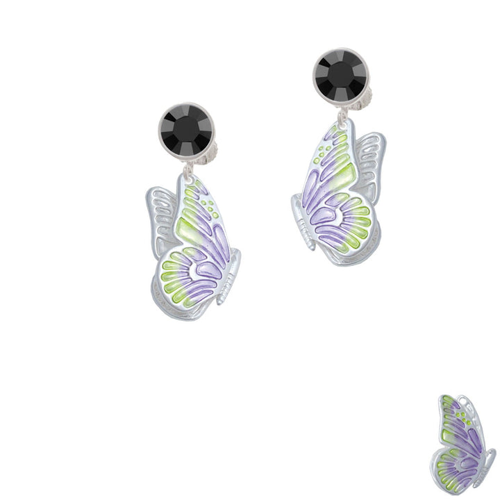 Large Translucent Purple and Lime Green Flying Butterfly Crystal Clip On Earrings Image 3