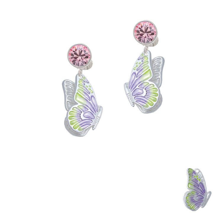 Large Translucent Purple and Lime Green Flying Butterfly Crystal Clip On Earrings Image 4