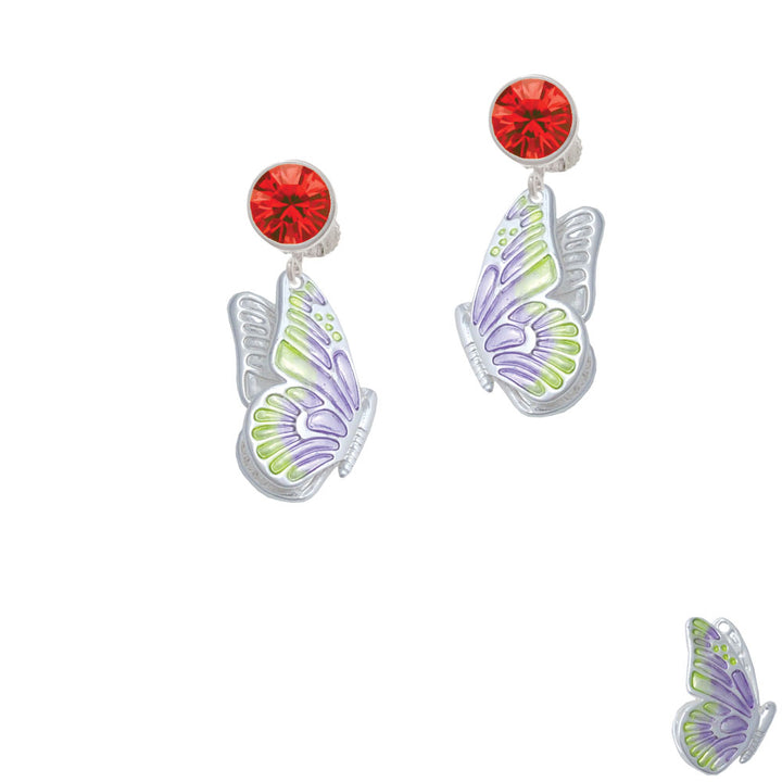 Large Translucent Purple and Lime Green Flying Butterfly Crystal Clip On Earrings Image 4