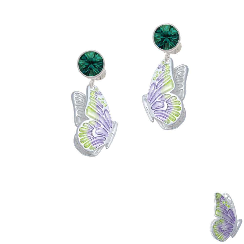 Large Translucent Purple and Lime Green Flying Butterfly Crystal Clip On Earrings Image 6