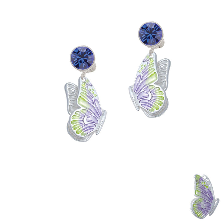 Large Translucent Purple and Lime Green Flying Butterfly Crystal Clip On Earrings Image 7