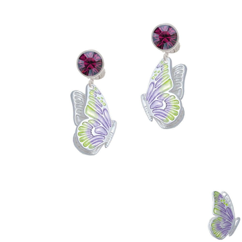 Large Translucent Purple and Lime Green Flying Butterfly Crystal Clip On Earrings Image 8