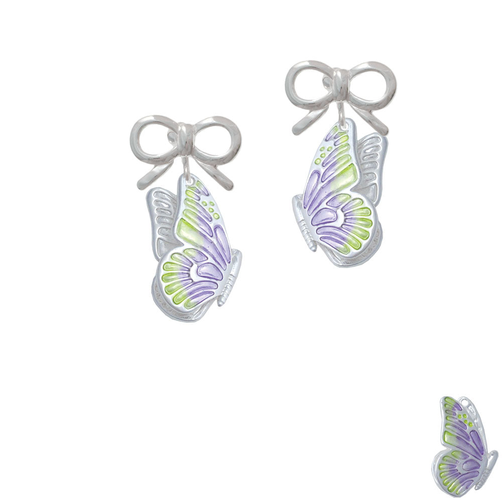 Large Translucent Purple and Lime Green Flying Butterfly Crystal Clip On Earrings Image 9