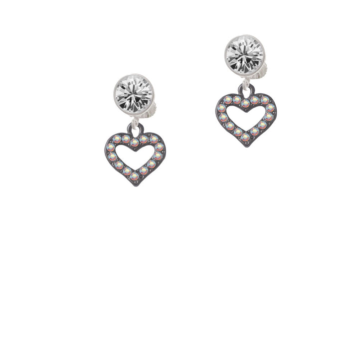 Black Nickel Plated AB Crystal Open Heart Crystal Clip On Earrings Image 2