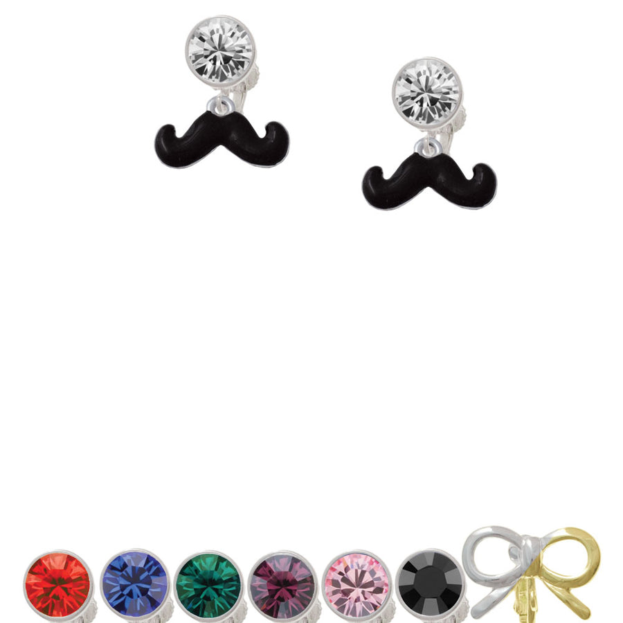 Small Black Enamel Mustache Crystal Clip On Earrings Image 1