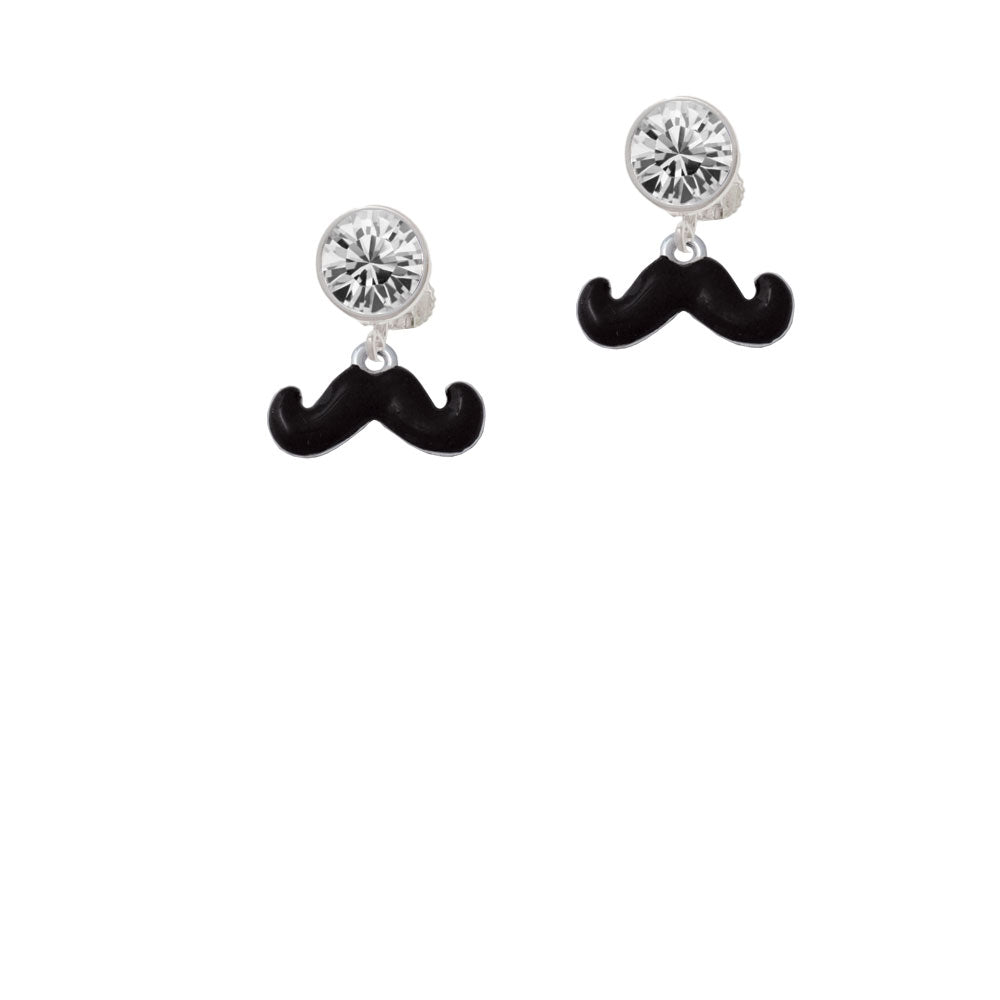 Small Black Enamel Mustache Crystal Clip On Earrings Image 2