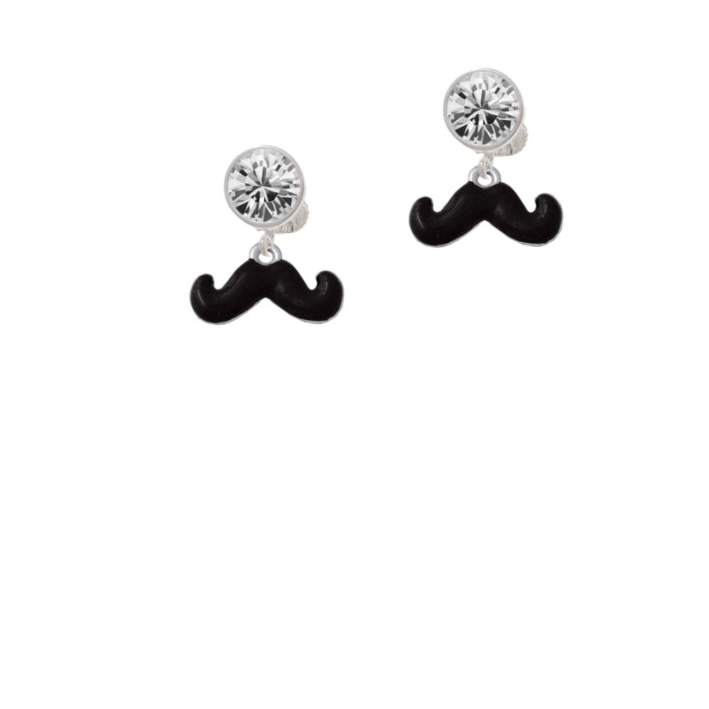 Small Black Enamel Mustache Crystal Clip On Earrings Image 1