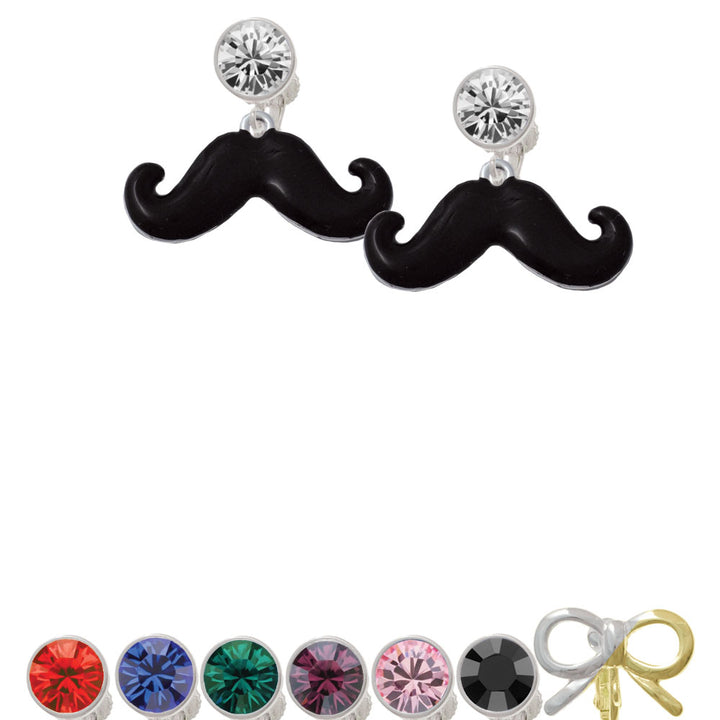 Large Black Enamel Mustache Crystal Clip On Earrings Image 1