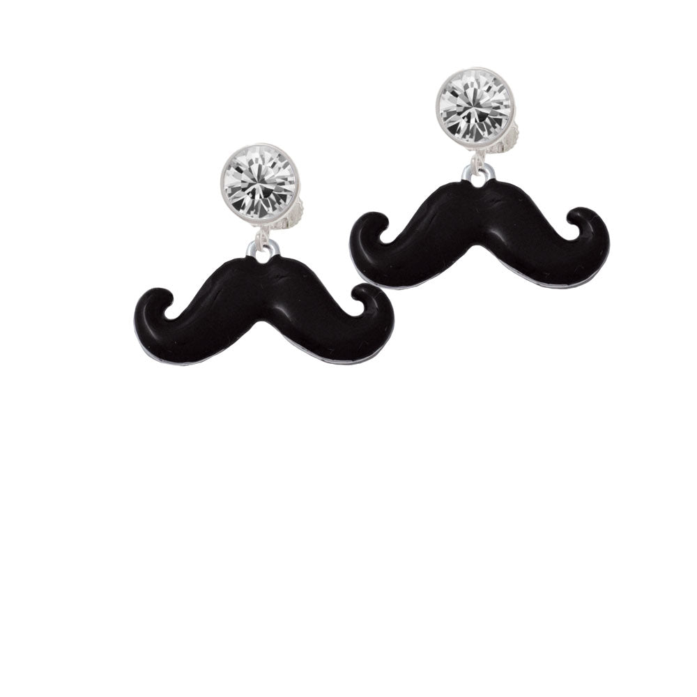 Large Black Enamel Mustache Crystal Clip On Earrings Image 2