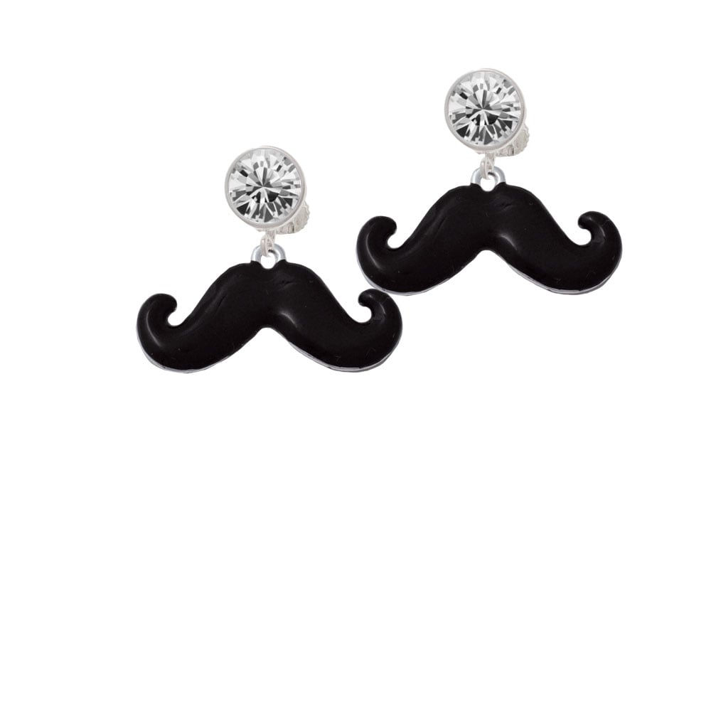 Large Black Enamel Mustache Crystal Clip On Earrings Image 1