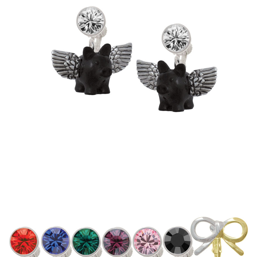 Black Flying Pig with Wings Crystal Clip On Earrings Image 1