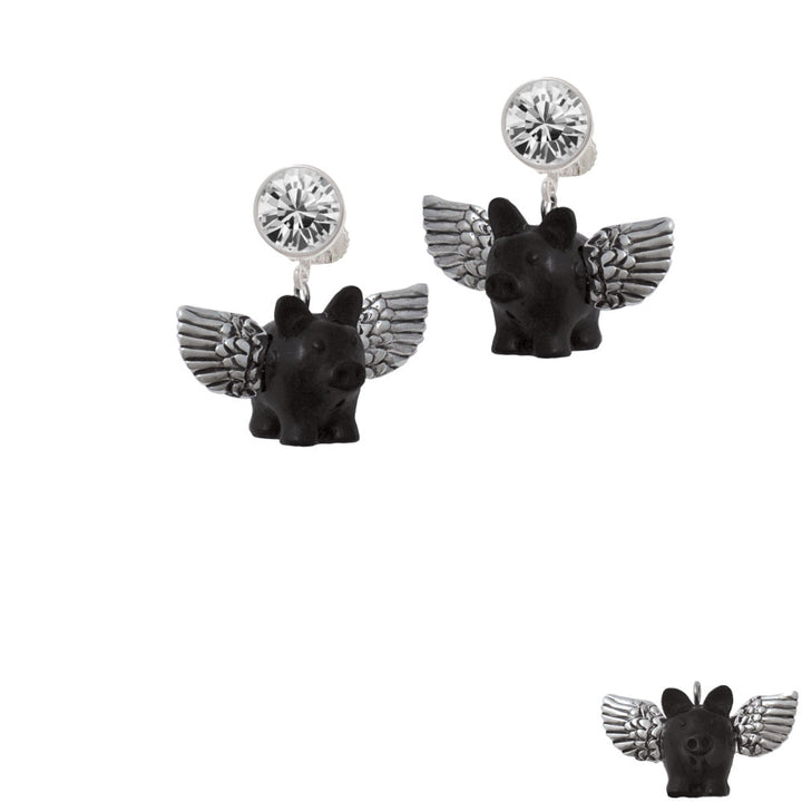 Black Flying Pig with Wings Crystal Clip On Earrings Image 2