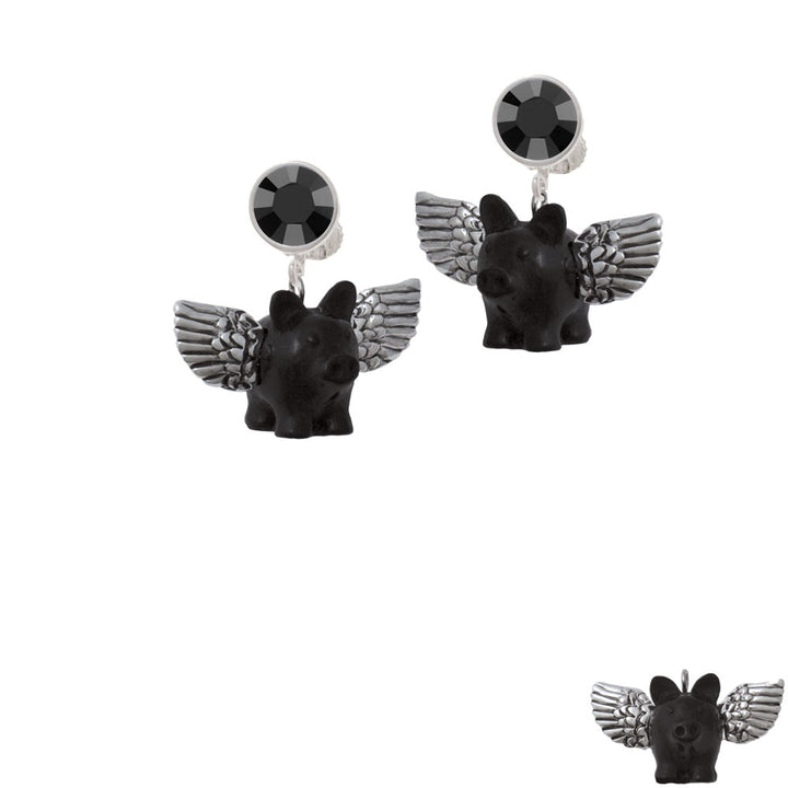 Black Flying Pig with Wings Crystal Clip On Earrings Image 3