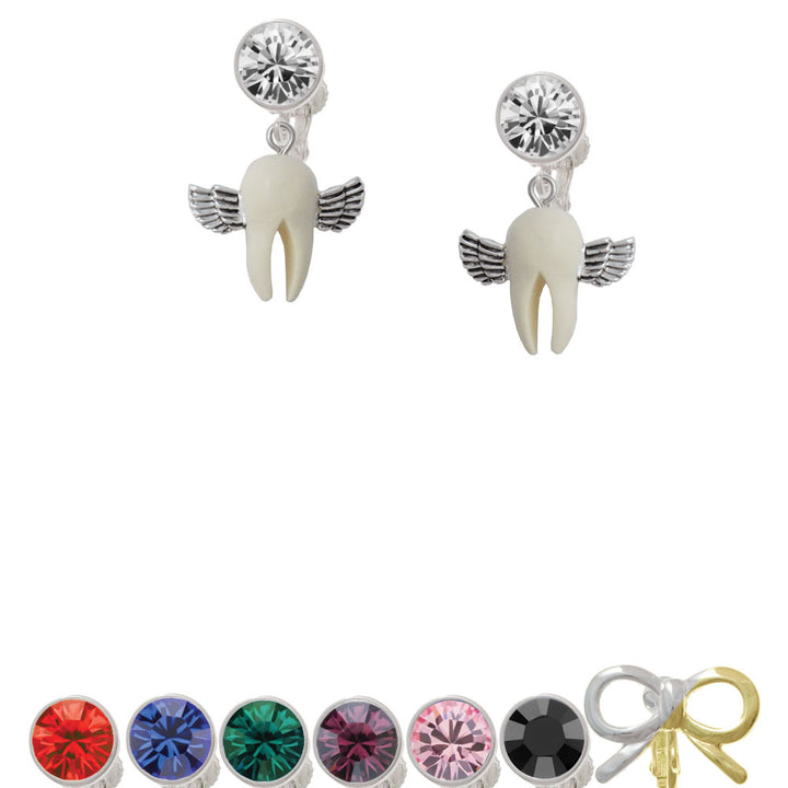 White Tooth with Wings - Tooth Fairy Crystal Clip On Earrings Image 1