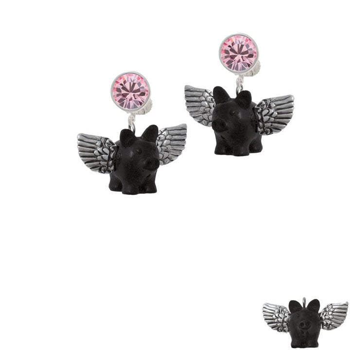 Black Flying Pig with Wings Crystal Clip On Earrings Image 1