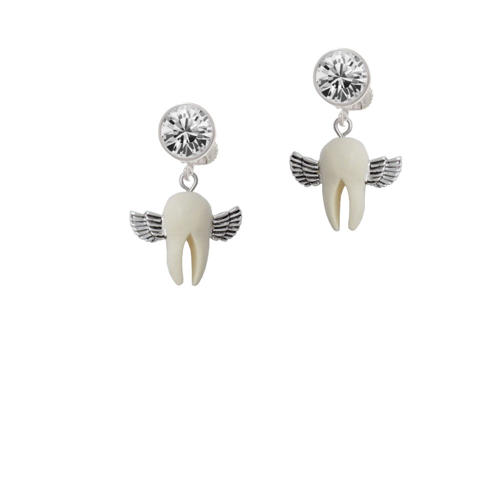 White Tooth with Wings - Tooth Fairy Crystal Clip On Earrings Image 2