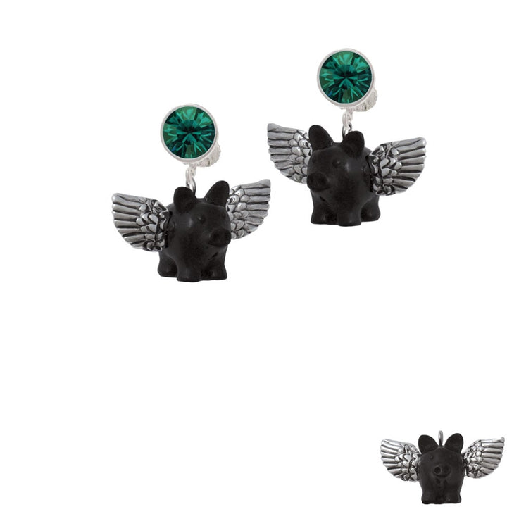 Black Flying Pig with Wings Crystal Clip On Earrings Image 1