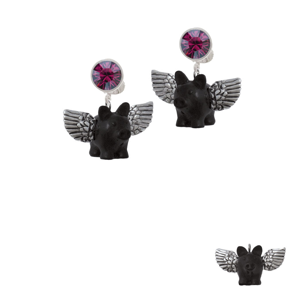 Black Flying Pig with Wings Crystal Clip On Earrings Image 8