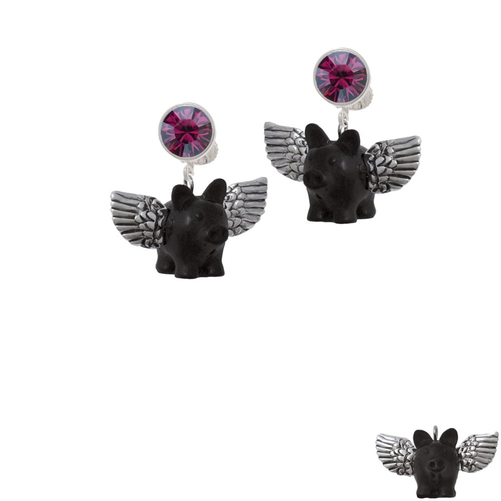 Black Flying Pig with Wings Crystal Clip On Earrings Image 1