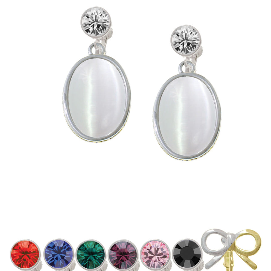 Oval - Imitation Cats Eye - White - Crystal Clip On Earrings Image 1