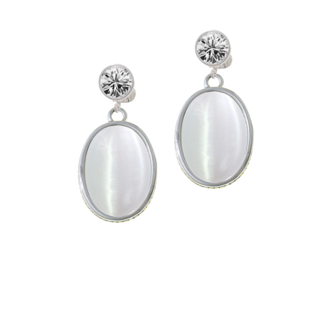 Oval - Imitation Cats Eye - White - Crystal Clip On Earrings Image 2