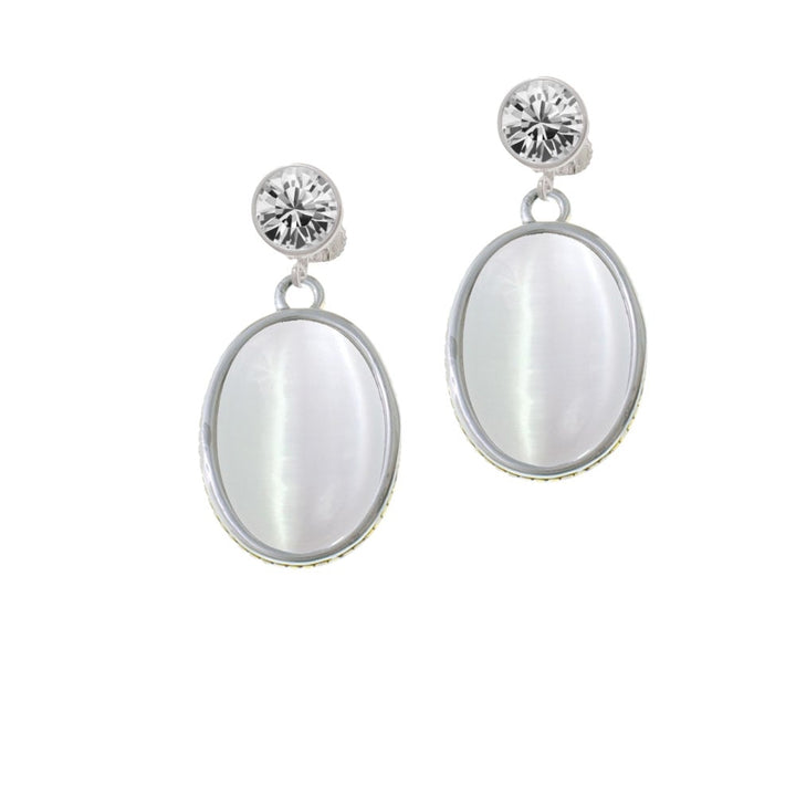 Oval - Imitation Cats Eye - White - Crystal Clip On Earrings Image 1