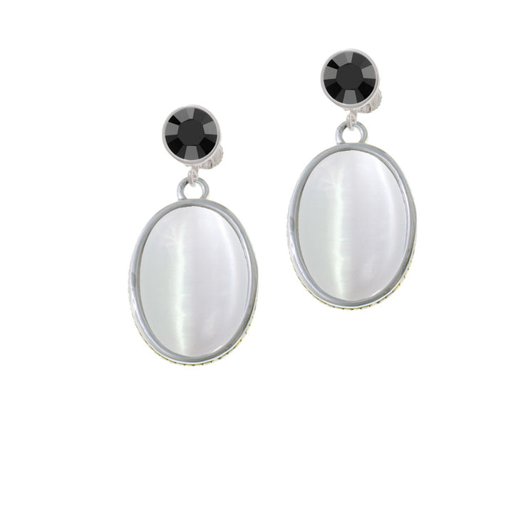 Oval - Imitation Cats Eye - White - Crystal Clip On Earrings Image 3