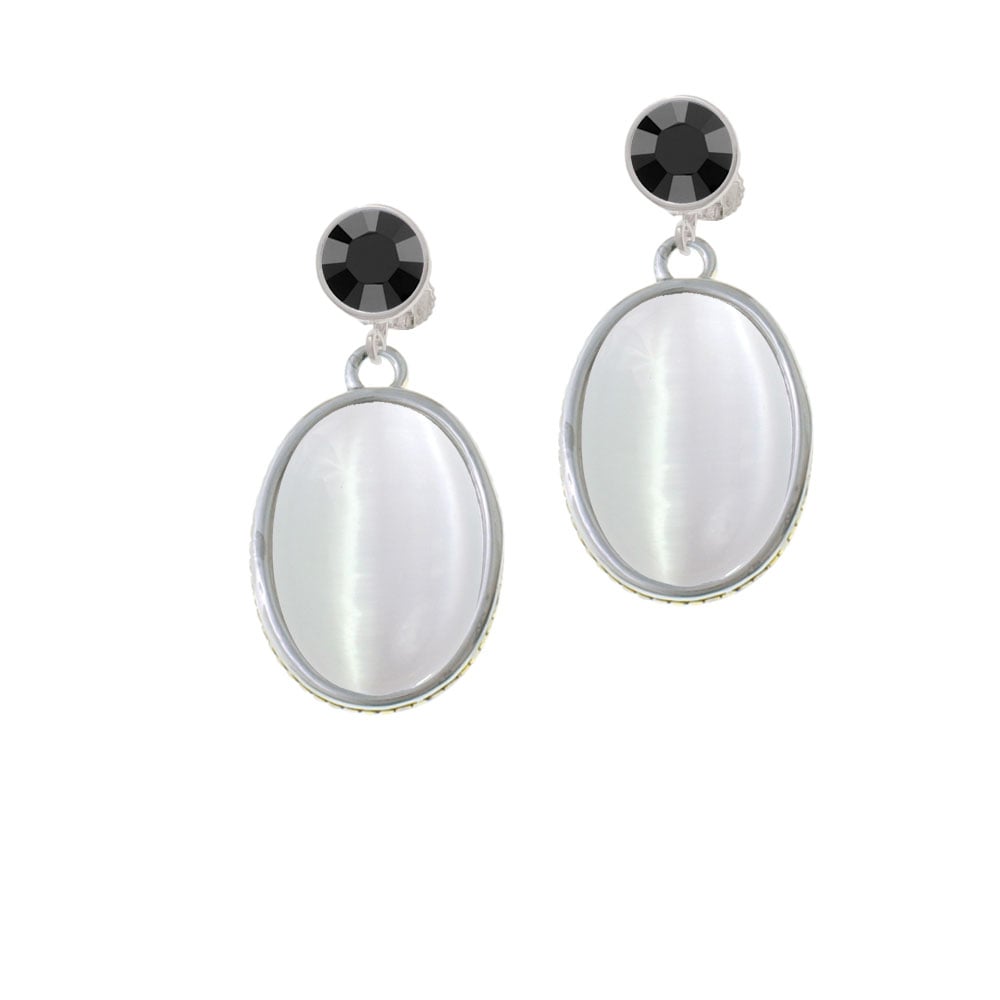 Oval - Imitation Cats Eye - White - Crystal Clip On Earrings Image 1