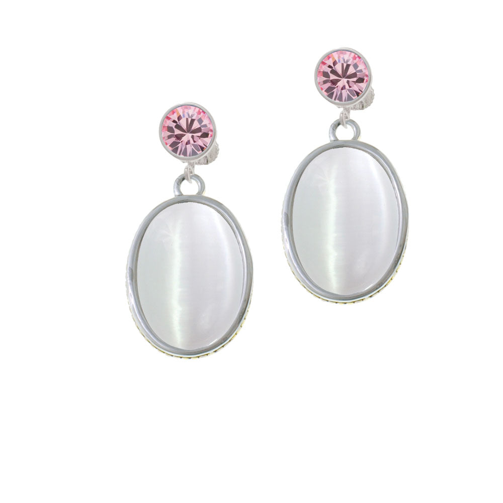 Oval - Imitation Cats Eye - White - Crystal Clip On Earrings Image 4