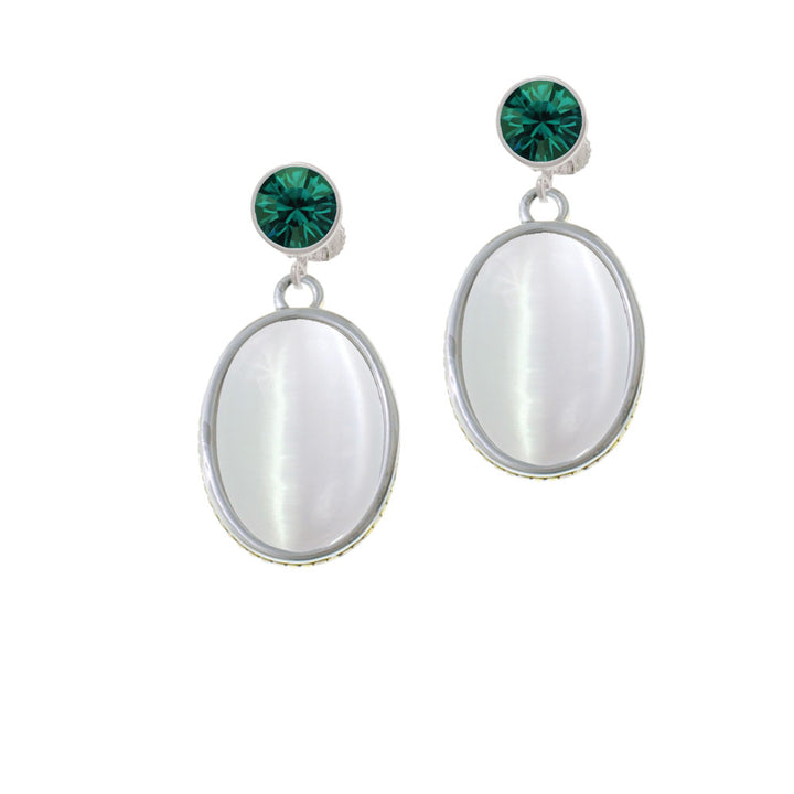 Oval - Imitation Cats Eye - White - Crystal Clip On Earrings Image 6