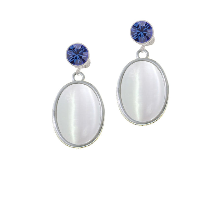 Oval - Imitation Cats Eye - White - Crystal Clip On Earrings Image 7