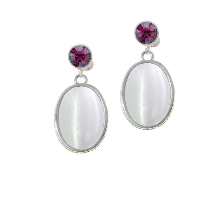 Oval - Imitation Cats Eye - White - Crystal Clip On Earrings Image 8