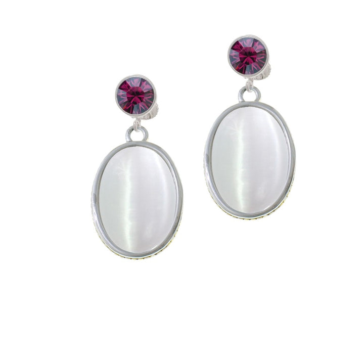 Oval - Imitation Cats Eye - White - Crystal Clip On Earrings Image 1