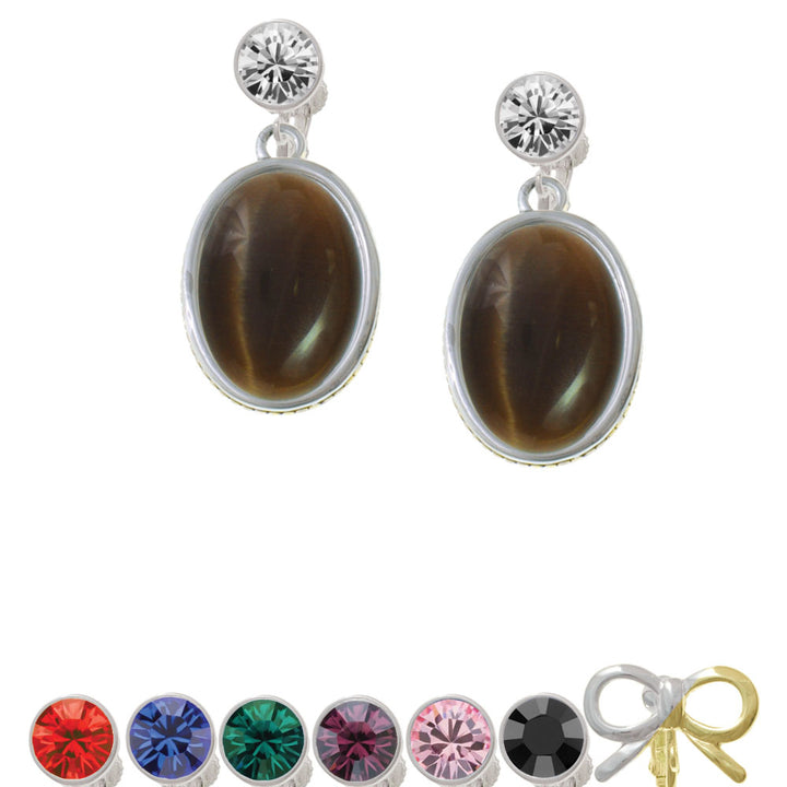 Oval - Imitation Cats Eye - Brown - Crystal Clip On Earrings Image 1