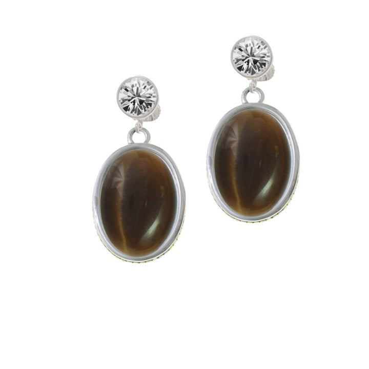 Oval - Imitation Cats Eye - Brown - Crystal Clip On Earrings Image 2