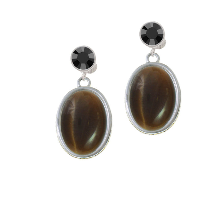 Oval - Imitation Cats Eye - Brown - Crystal Clip On Earrings Image 3