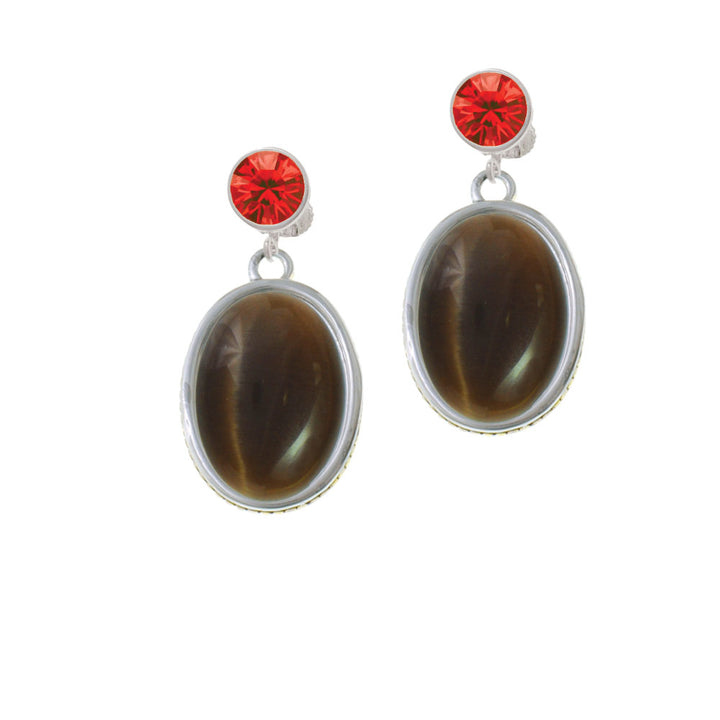 Oval - Imitation Cats Eye - Brown - Crystal Clip On Earrings Image 4