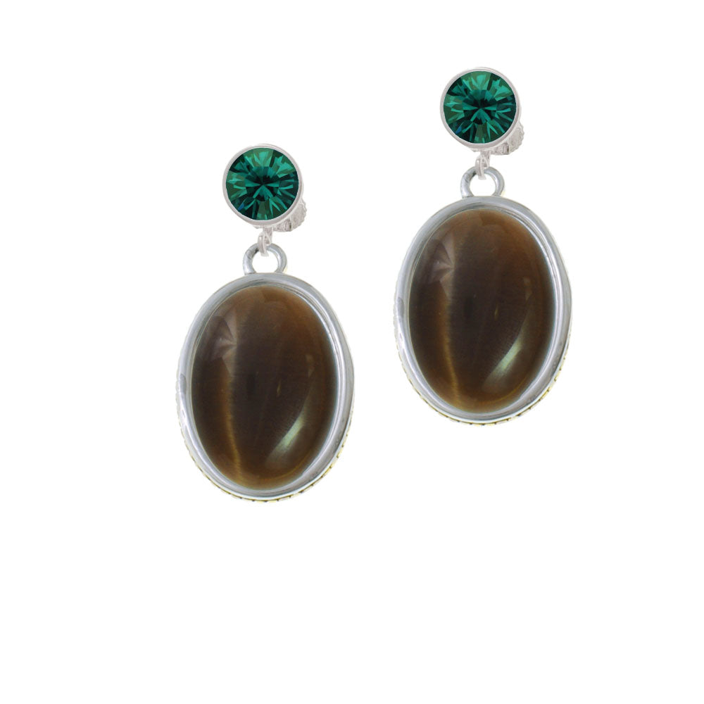 Oval - Imitation Cats Eye - Brown - Crystal Clip On Earrings Image 6