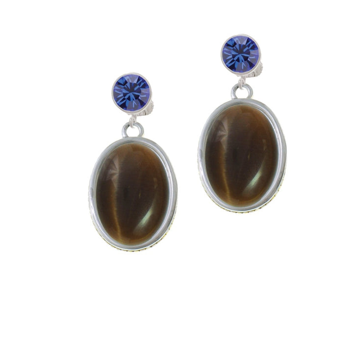 Oval - Imitation Cats Eye - Brown - Crystal Clip On Earrings Image 7